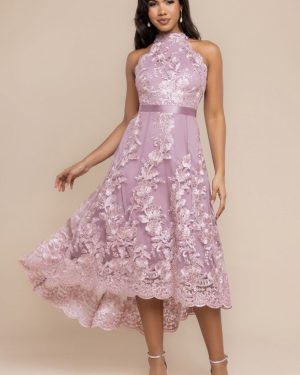 Goddiva Halter Neck Lace High And Low Dress - Pink