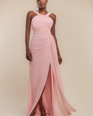Goddiva Halterneck Thigh Split Chiffon Maxi Dress - Blush Pink