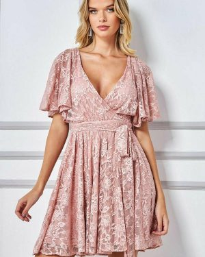 Goddiva Lace Kimono Wrap Skater Mini Dress - Blush