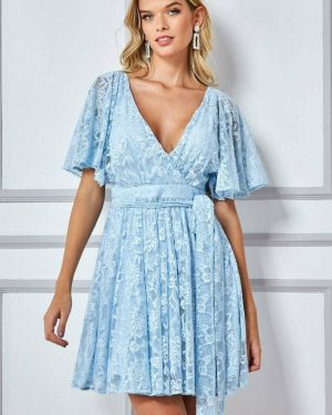 Goddiva Lace Kimono Wrap Skater Mini Dress - Powder Blue