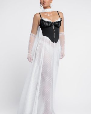 Goddiva Milk Maid Corset Polka Dobby Chiffon A-Line Maxi Skirt With Scarf & Gloves - Black & Cream