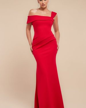Goddiva Off The Shoulder Pleated Waist Maxi Dress - Red
