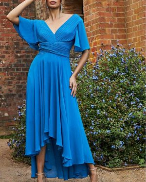 Goddiva Pleated Chiffon High Low Midi Dress - Atlantic Blue