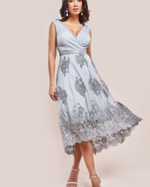 Goddiva Pleated Satin Bodice High And Low Dress - Grey