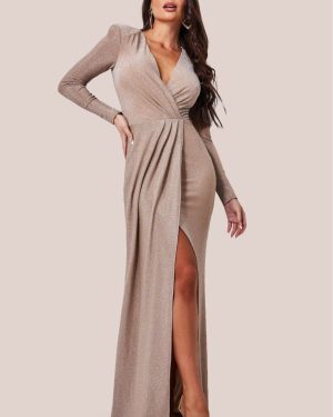 Goddiva Plunge Neck Wrap Front Split Lurex Maxi Dress - Nude