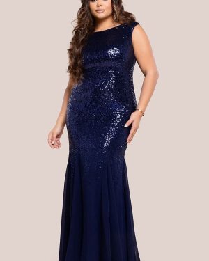 Goddiva Plus Chiffon & Sequin Embroidered Bardot Maxi Dress - Navy Blue