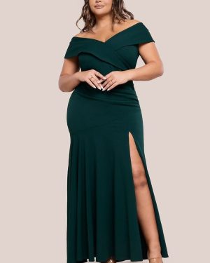 Goddiva Plus Scuba Crepe Off Shoulder Front Split Maxi Dress - Emerald Green