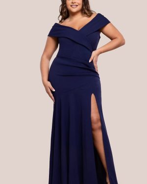 Goddiva Plus Scuba Crepe Off Shoulder Front Split Maxi Dress - Navy Blue