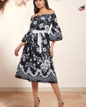 Goddiva Printed Off The Shoulder Midi Dress - Black