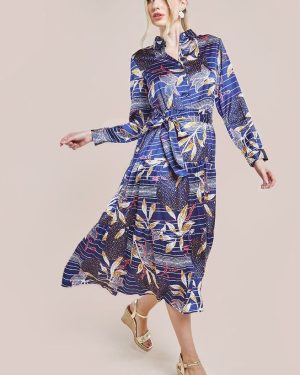 Goddiva Printed Tiered Shirt Midi Dress - Navy