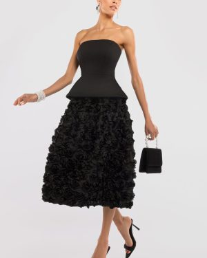 Goddiva Scuba Boobtube Peplum Corset With 3D Floral Mesh Skirt - Black