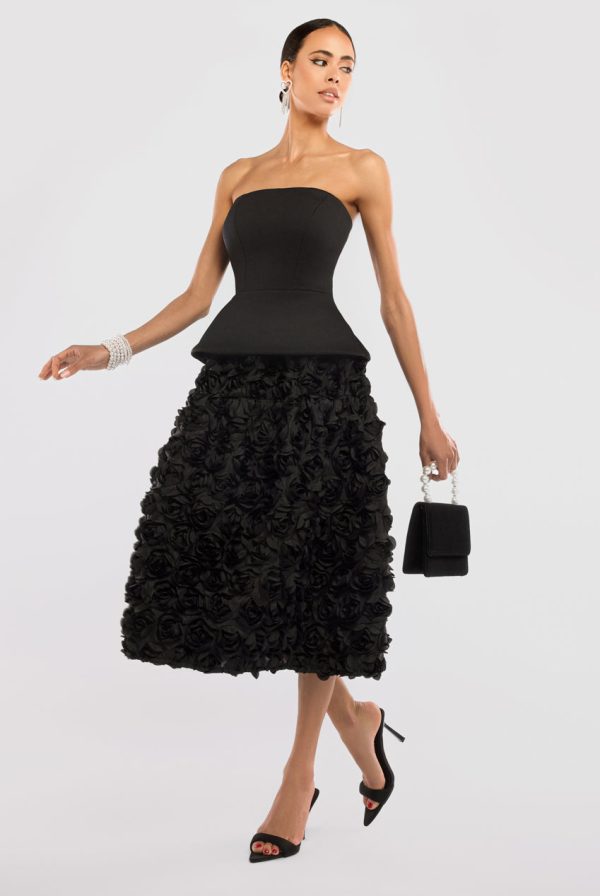 Goddiva Scuba Boobtube Peplum Corset With 3D Floral Mesh Skirt - Black