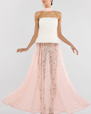 Goddiva Scuba Boobtube Peplum Corset With Floral Lace A-Line Maxi Skirt With Scarf - Cream & Pink
