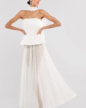 Goddiva Scuba Boobtube Peplum Corset With Gathered A-Line Glitter Chiffon Maxi Skirt & Scarf - Cream