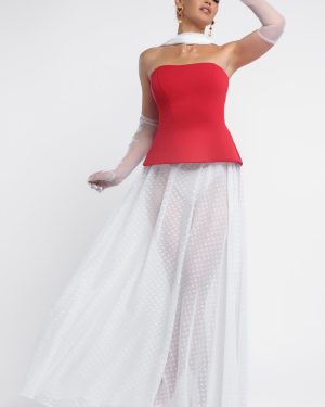 Goddiva Scuba Boobtube Peplum Corset With Polka Dobby Chiffon A-Line Maxi Skirt With Scarf - Red & Cream