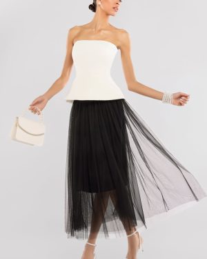 Goddiva Scuba Boobtube Peplum Corset With Tulle Gathered Midaxi Skirt - Cream & Black