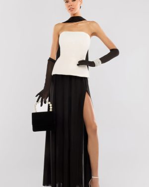 Goddiva Scuba Boobtube Peplum Hem Corset & Side Split Jersey Maxi Skirt With Scarf & Gloves - Cream & Black