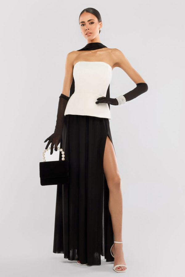 Goddiva Scuba Boobtube Peplum Hem Corset & Side Split Jersey Maxi Skirt With Scarf & Gloves - Cream & Black