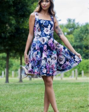 Goddiva Scuba Foam Floral Skater Mini Dress - Navy