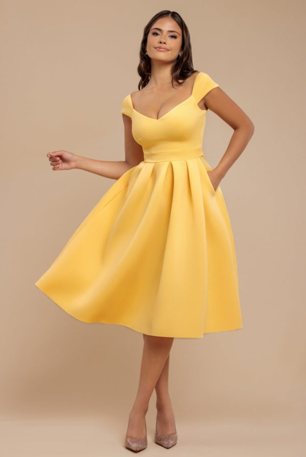 Goddiva Scuba Foam Skater Midi Dress - Lemon