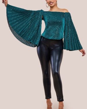 Goddiva Sequin Lurex Bardot Pleated Sleeve Top - Teal Blue