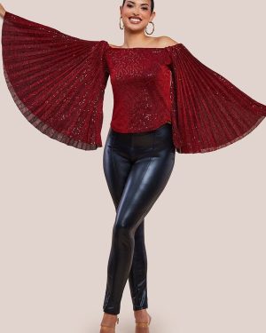 Goddiva Sequin Lurex Bardot Pleated Sleeve Top - Wine
