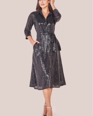 Goddiva Sequin Skater Shirt Dress - Black