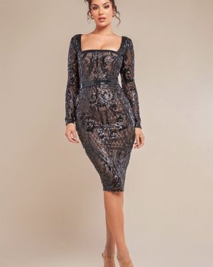 Goddiva Sequin Square Neck Bodycon Midi Dress With Scalloped Hem - Black