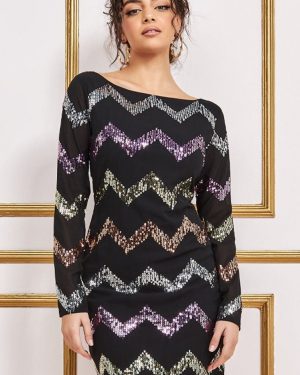 Goddiva Sequin Zig Zag Shift Mini Dress - Black