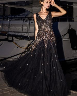 Goddiva Sunray Hand Embellished Sequin A-Line Sleeveless Maxi Dress - Black