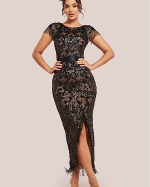 Goddiva Tassel Split Maxi Dress - Black
