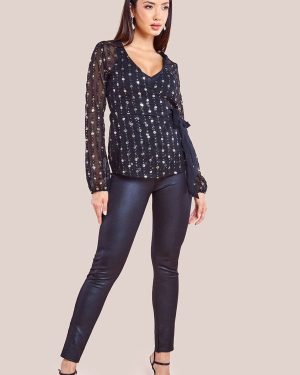 Goddiva Wrap Sequin Top With Cami - Blackgold