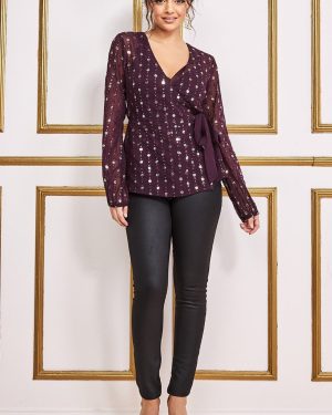 Goddiva Wrap Sequin Top With Cami - Wine