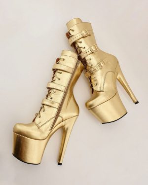 Gold Sexy Boots Metallic Round Toe Platform Zipper Buckle Lace Up Boots Plus Size Pole Dance Shoes Gold Stripper Heels
