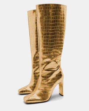 Gold Wide Calf Boots Women Square Toe Stiletto Heel Knee-High Boots