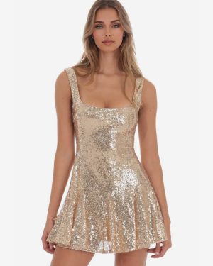 Golden Sequin Skater Dress Square Collar A-line Birthday Party Mini Strap Dress For Women 2025