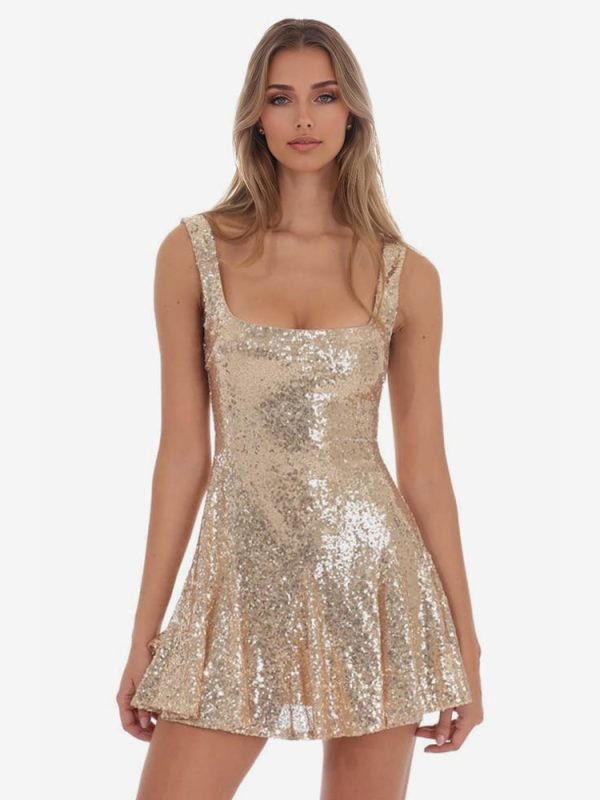 Golden Sequin Skater Dress Square Collar A-line Birthday Party Mini Strap Dress For Women 2025