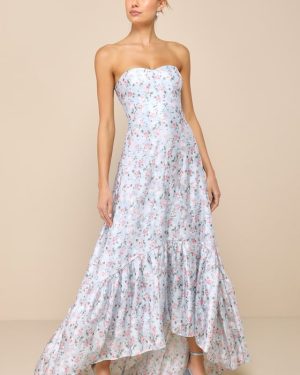 Gorgeous Desire Light Blue Floral Strapless High-Low Maxi Dress
