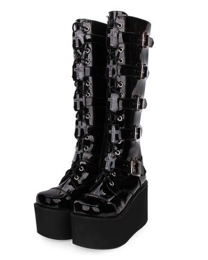 Gothic Lolita Boots Metallic Buckle Zipper Grommet Lace Up Platform Black Lolita Footwear