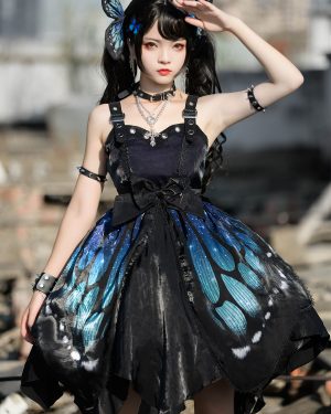 Gothic Lolita Butterfly JSK Dress Blue Sleeveless Lace Up Ruffles Bow Polyester Casual Lolita Jumper Skirt