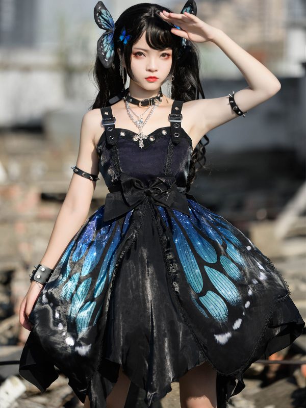 Gothic Lolita Butterfly JSK Dress Blue Sleeveless Lace Up Ruffles Bow Polyester Casual Lolita Jumper Skirt