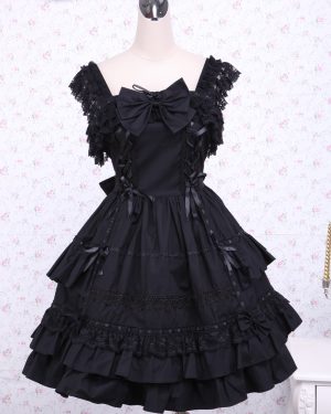 Gothic Lolita Dress JSK Black Ruffles Bow Lace Trim Lolita Jumper Skirt
