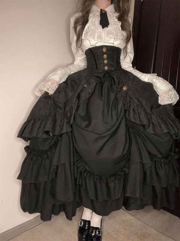 Gothic Lolita Elegant Skirt SK Ruffles Eternal Night Tiered Ruffles Black Jacquard Lolita Skirt