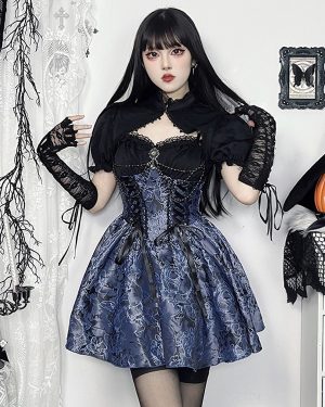 Gothic Lolita Floral Pattern Slip Dress And Lace Smock Set Halloween Cosplay Suit