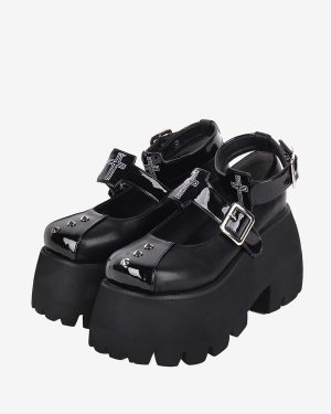 Gothic Lolita Footwear Black Rivets Metallic PU Leather Wedge Heel Lolita Pumps