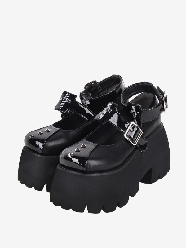 Gothic Lolita Footwear Black Rivets Metallic PU Leather Wedge Heel Lolita Pumps