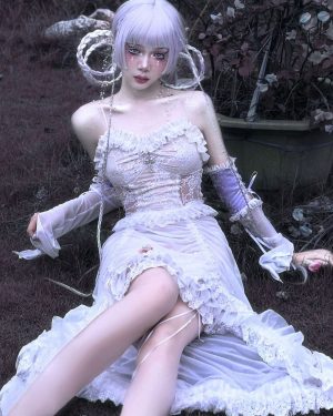Gothic Lolita JSK Punk Dress Sleeveless Ruffles Lace Cross Pattern White Lolita Jumper Skirt