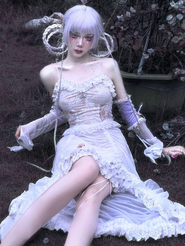 Gothic Lolita JSK Punk Dress Sleeveless Ruffles Lace Cross Pattern White Lolita Jumper Skirt