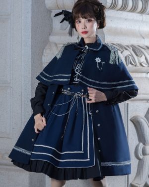 Gothic Lolita Military Style Lolita Coat Deep Navy Crewneck Long Sleeve Polyester Lolita Cape Coat