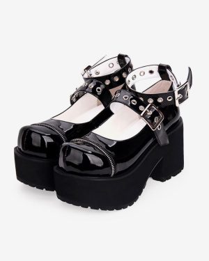 Gothic Lolita Pumps Black Platform Chunky Heel Leather Lolita Shoes